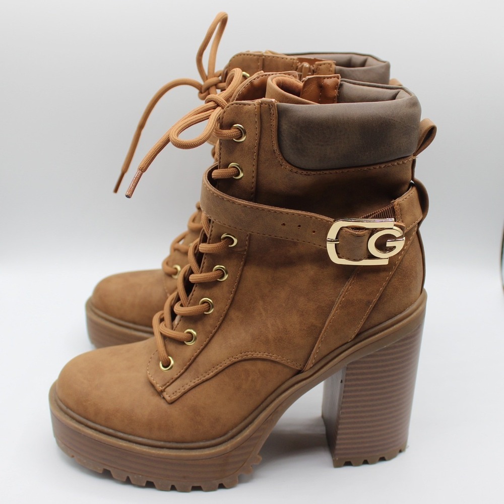 GBG Los Angeles GGSLYTHE-R Tan Lace Up Lug‎ Sole Block Heel Combat Boots  7M